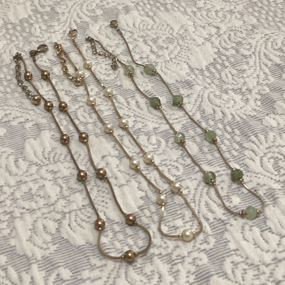 Monet Pearl Choker Necklace Trio Gold Tone Box Chain Ivory Green Gold Pearls VTG